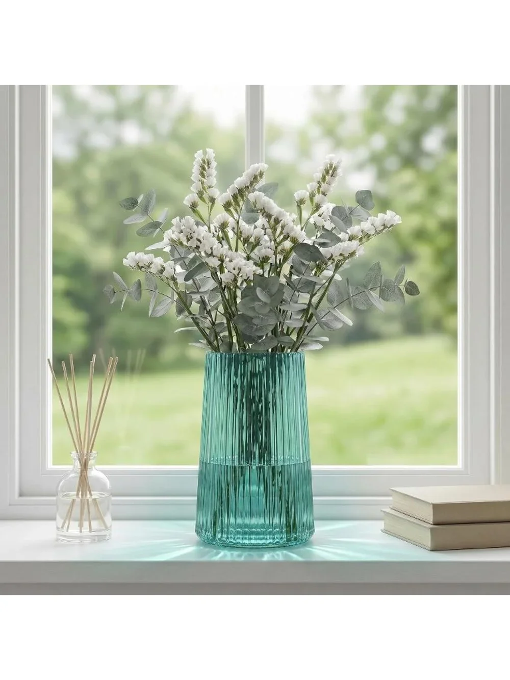 8 Inches Modern Green Glass Vase Flower Bouquet Living Room Bedroom Home Deco